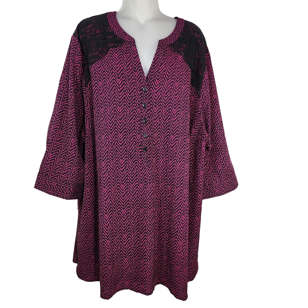 Catherine’s Womens Tunic Top 3X Popover Black Pink Chevron 3/4 Sleeve Lace Trim